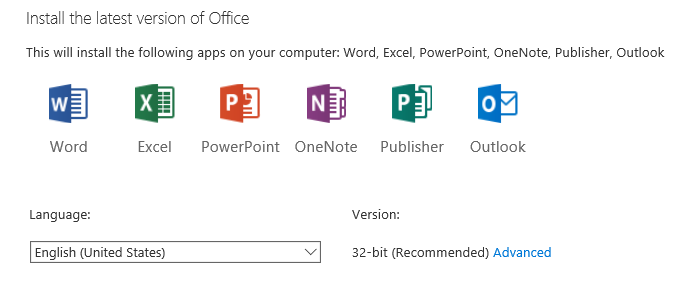 Office 365 install the latest version of Office - 32-bit (Recommended)